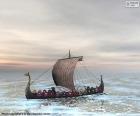 Рисование drakkar или корабль викингов со всеми гребцами в действии и опухшими паруса с ветром